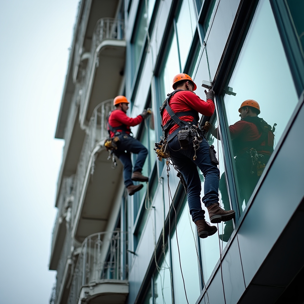 Alpinist utilitar echipat cu ham și dispozitive de coborâre controlată