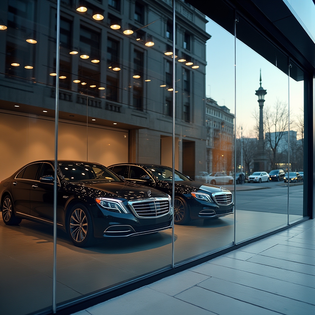 Vitrină showroom auto curățată profesional, reflexii clare
